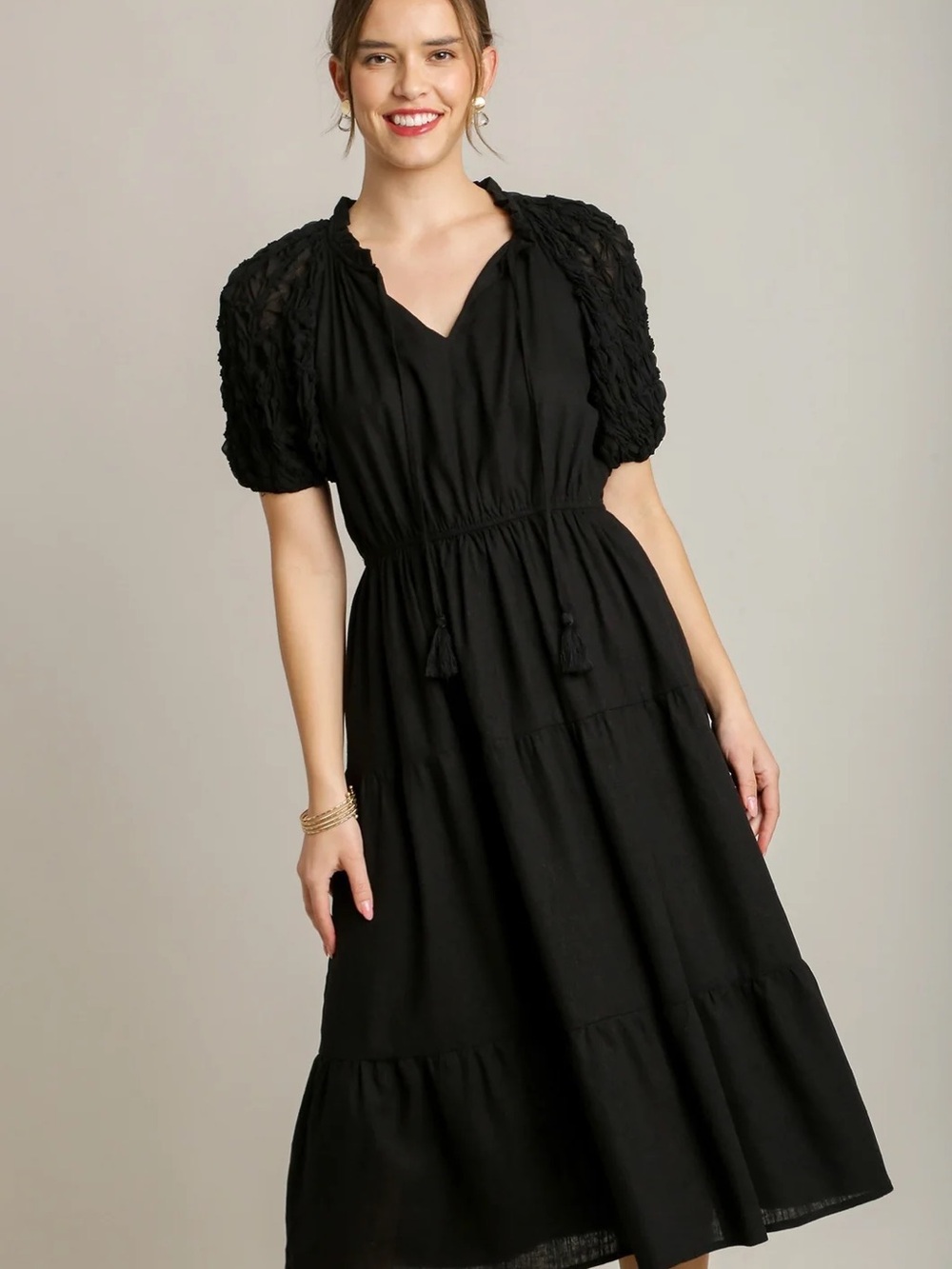 Black Puff-Sleeve Midi Boutique Dress